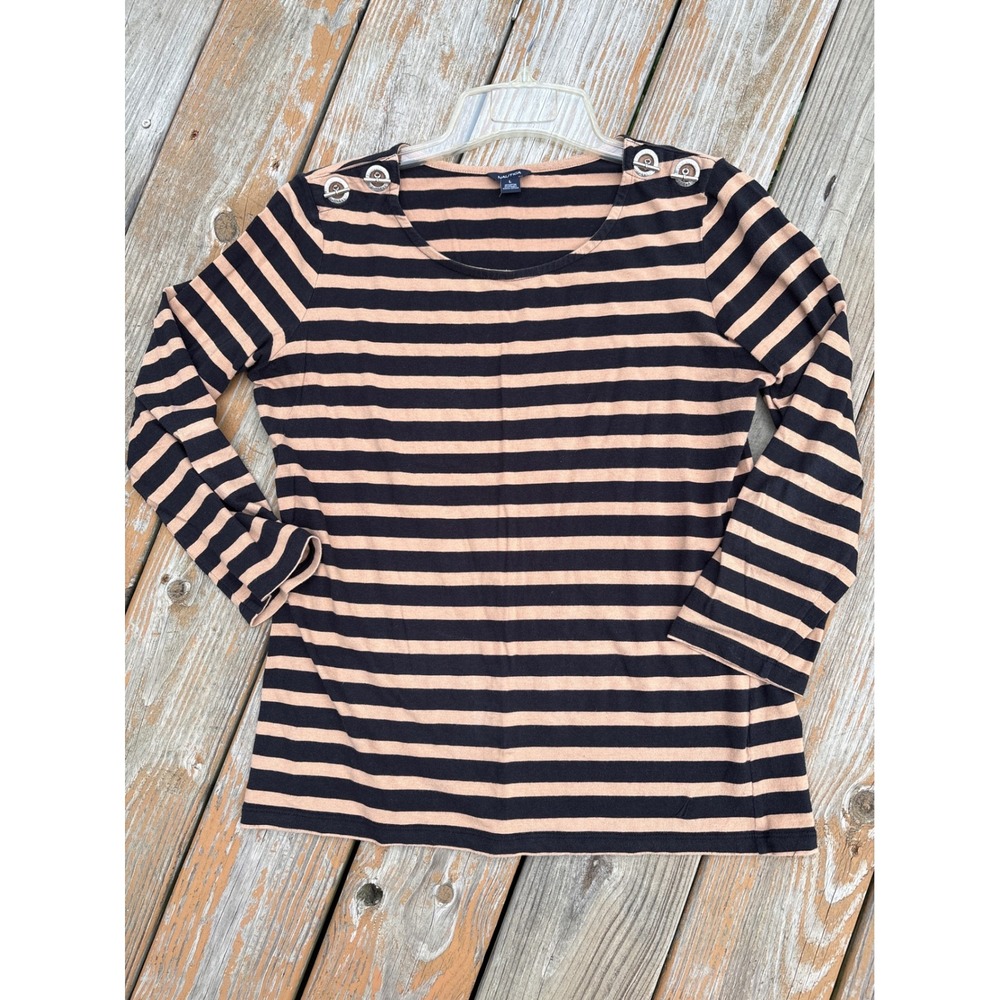 Nautica Womens Navy Tan Striped Toggle Shoulder Long Sleeve Top Size L